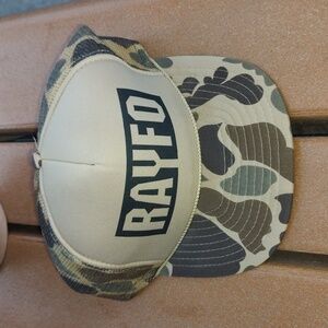 Vintage Nissin RAYFO Camo Trucker Mesh Snapback Hat Cap w/Rope